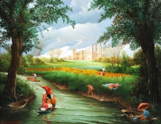 (880)-L'Abbaye de Maillezais - Un matin dans la lumière printanière.hsb-27x35 cm