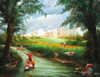 (880)-L'Abbaye de Maillezais - Un matin dans la lumière printanière.hsb-27x35 cm