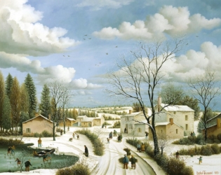 (533)- Par un beau matin d'hiver sur un village vendéen. hsb 50x65 cm.
