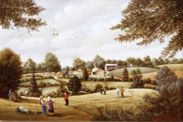 (551)-Le Salut de René Robin-Paysans au champ-Scène de fin d'été-1984-24x35 cm.